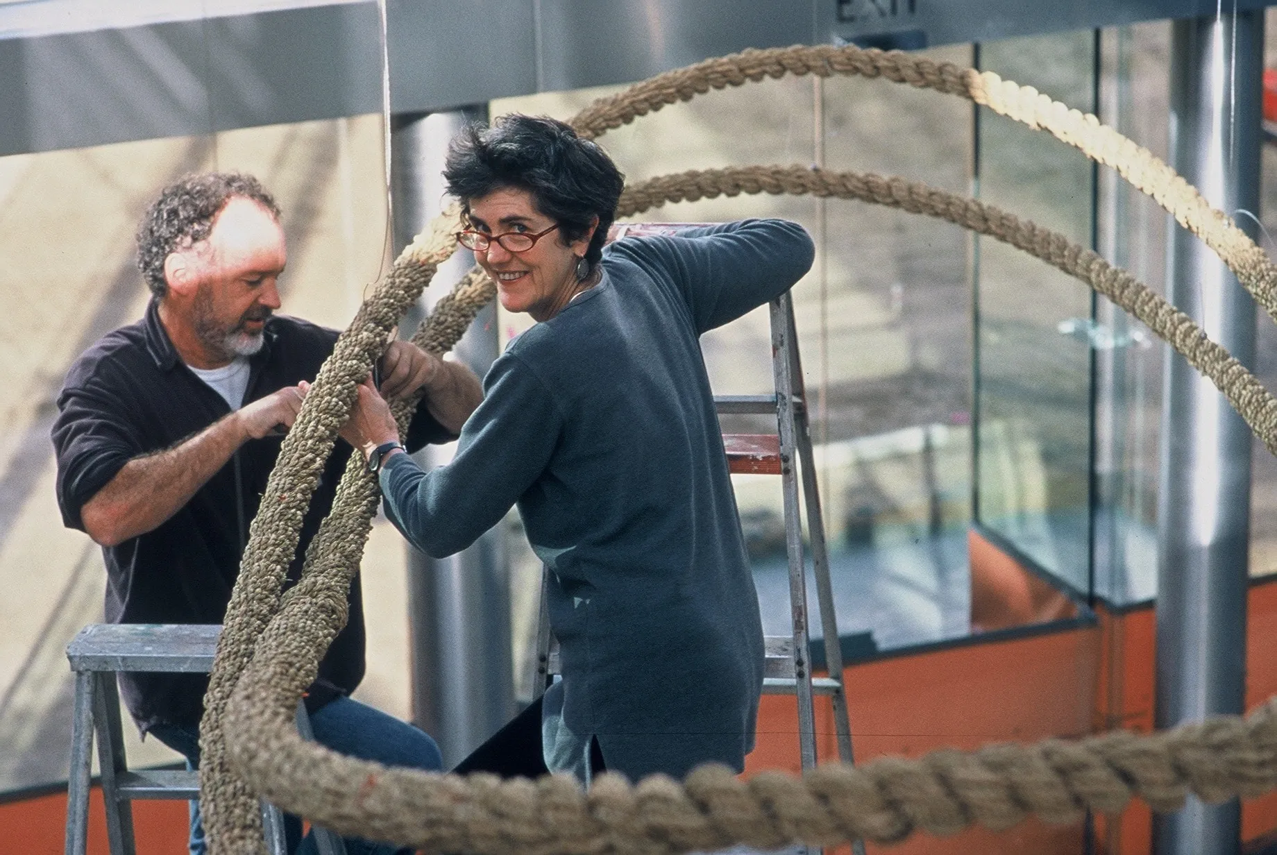 Tony Kearney and Kay Lawrence. installing the Plant Fibre Ellipse