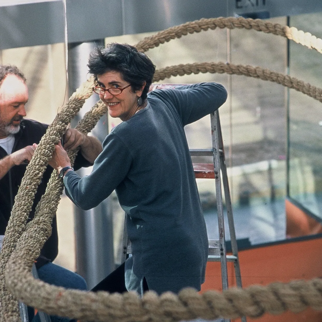 Tony Kearney and Kay Lawrence. installing the Plant Fibre Ellipse